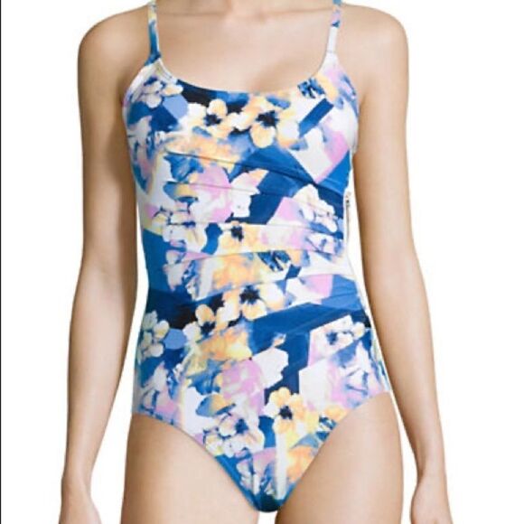 Calvin Klein Printed Zip Starburst Swimsuit-blue-6 - Picture 1 of 6